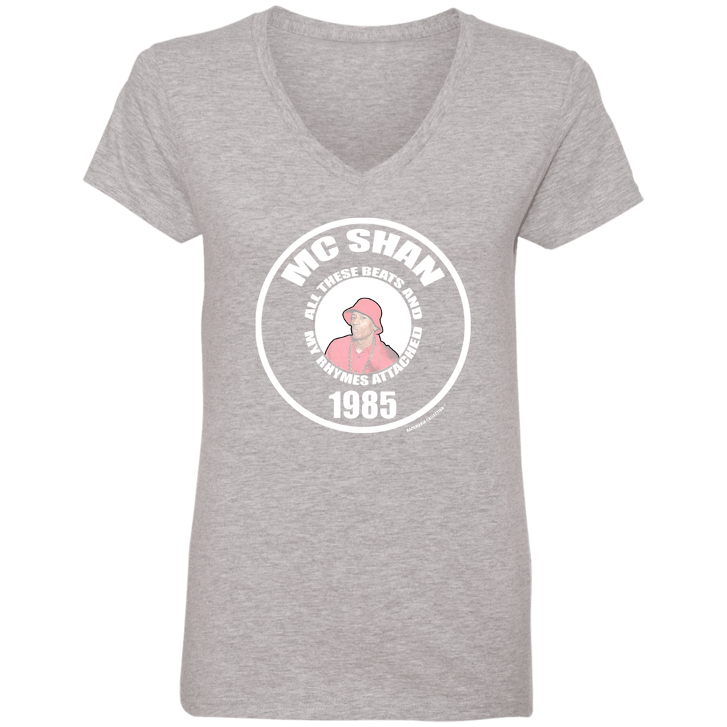 MC SHAN  “All These beats and rhymes attached” (Rapamania Collection) Ladies' V-Neck T-Shirt